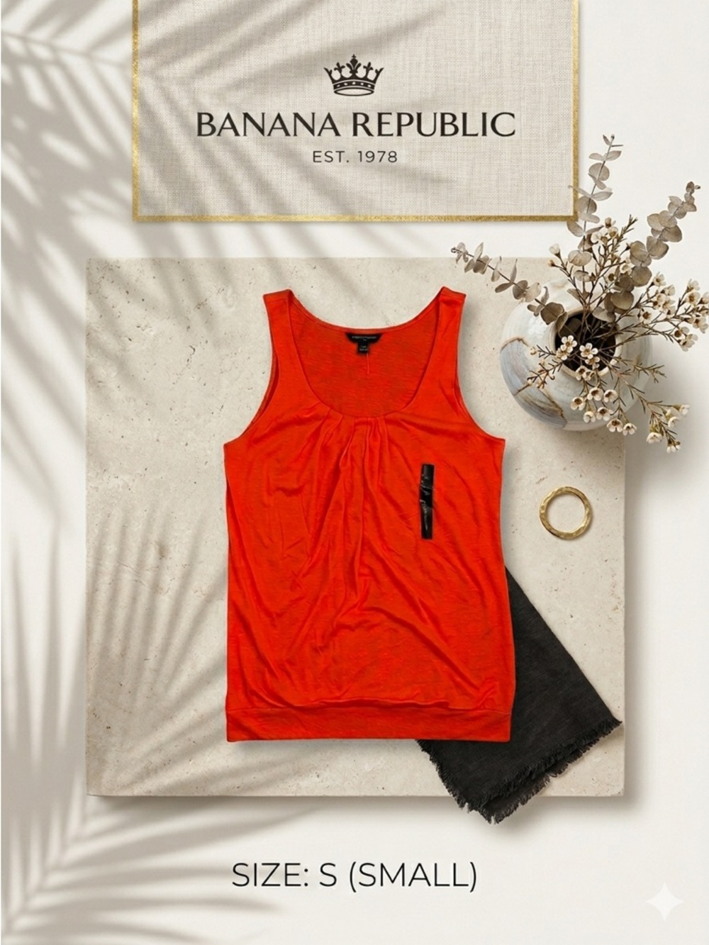 BANANA REPUBLIC Women’s Vibrant Orange‎ Pleated Scoop Neck Bubble Hem Tank Top S
